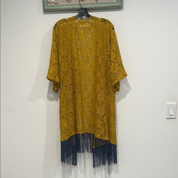 LuLaRoe Mustard Gold Lace Short Sleeve Cardigan French blue Fringe large duster - Picture 7 of 7
